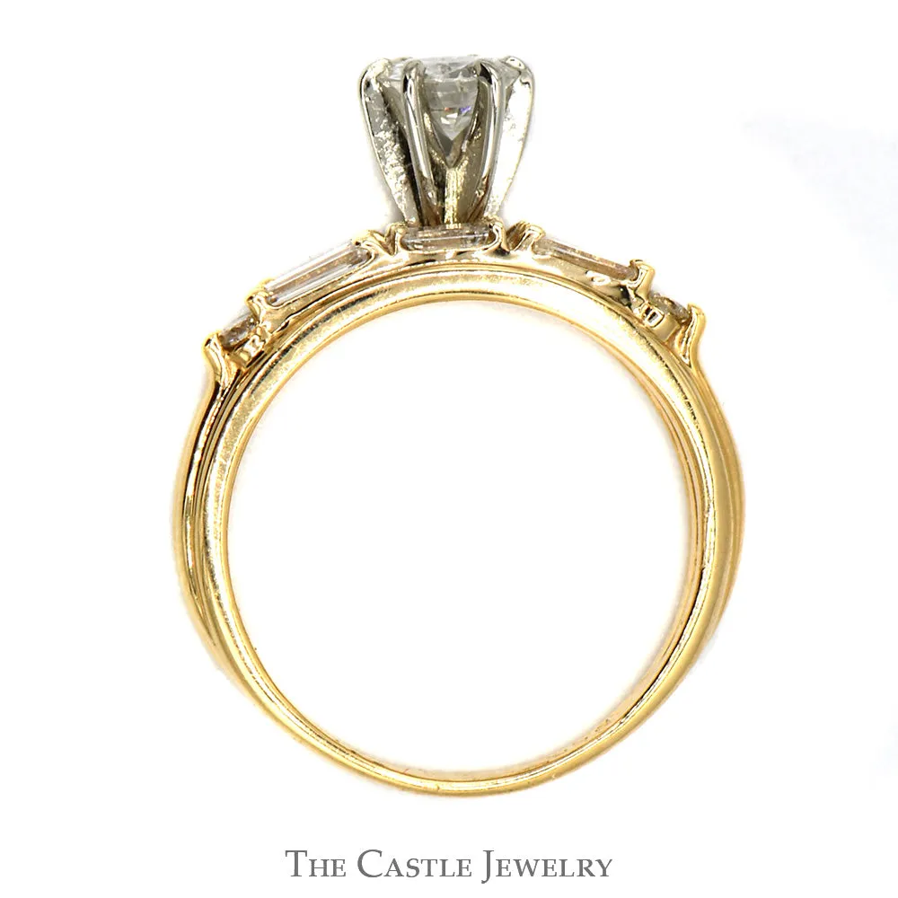 1cttw Diamond Solitaire Bridal Set with Baguette Accents and Matching Band in 14k Yellow Gold