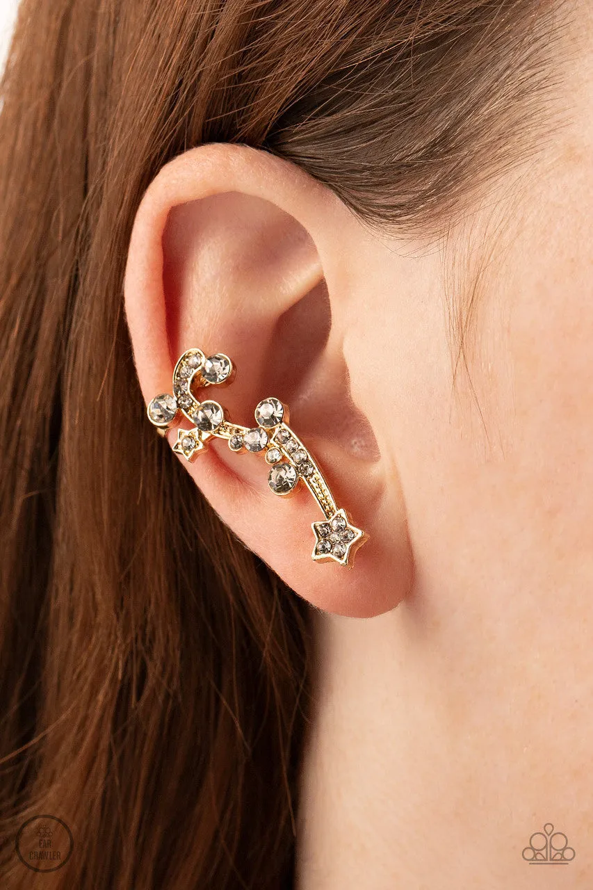 Astral Anthem - Gold - Star White Rhinestone Encrusted Paparazzi Ear Crawler Earrings
