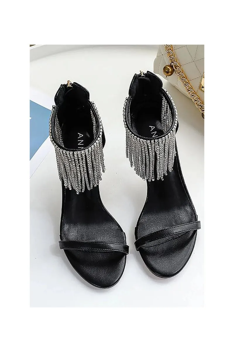 Black Rhinestone Thick High Heels