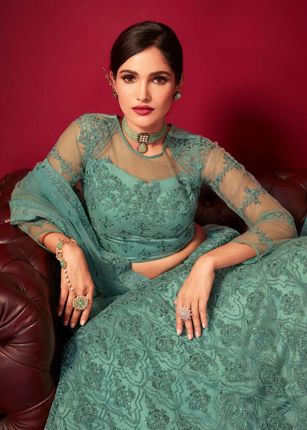 Bridal Sea Green Resham & Stone Embroidered Wedding Lehenga Choli