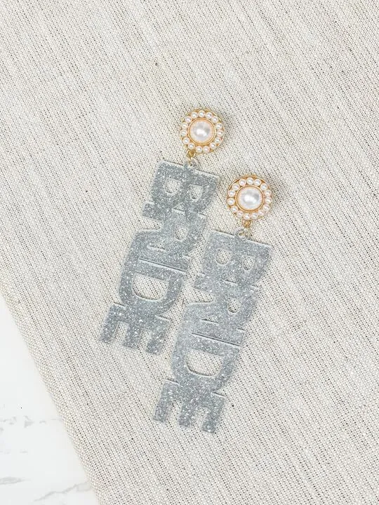 'Bride' Acrylic Silver Glitter Dangle Earrings