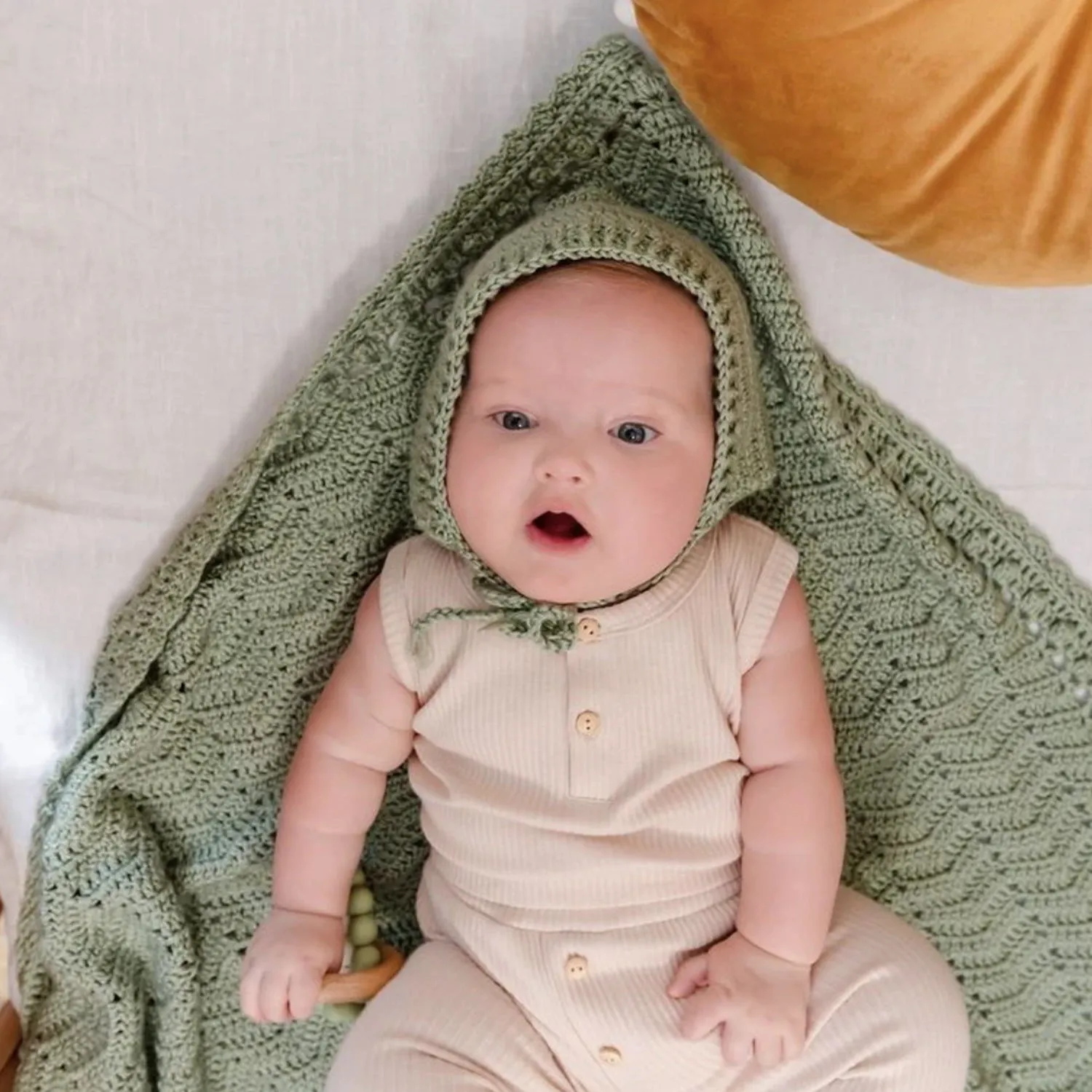 Crochet Bonnet & Bootie Set Sage