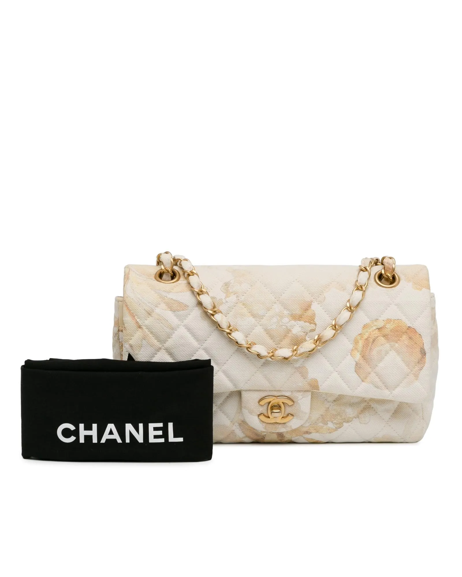 Floral Printed Denim Double Flap Shoulder Bag