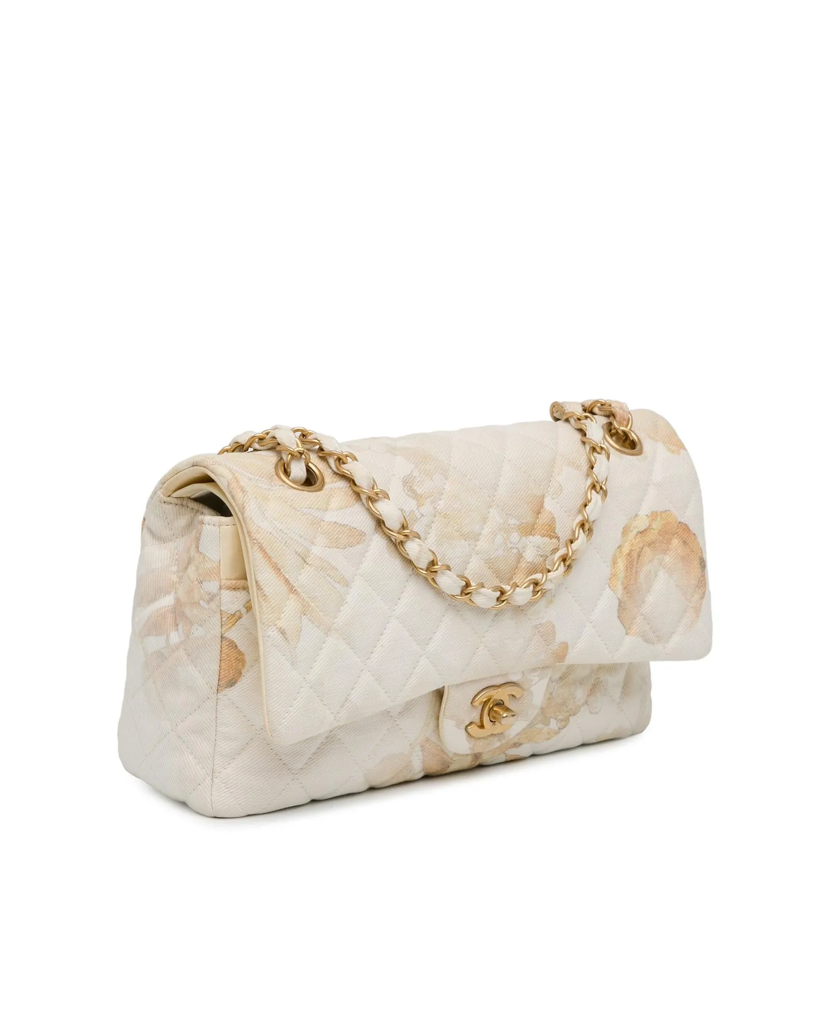 Floral Printed Denim Double Flap Shoulder Bag