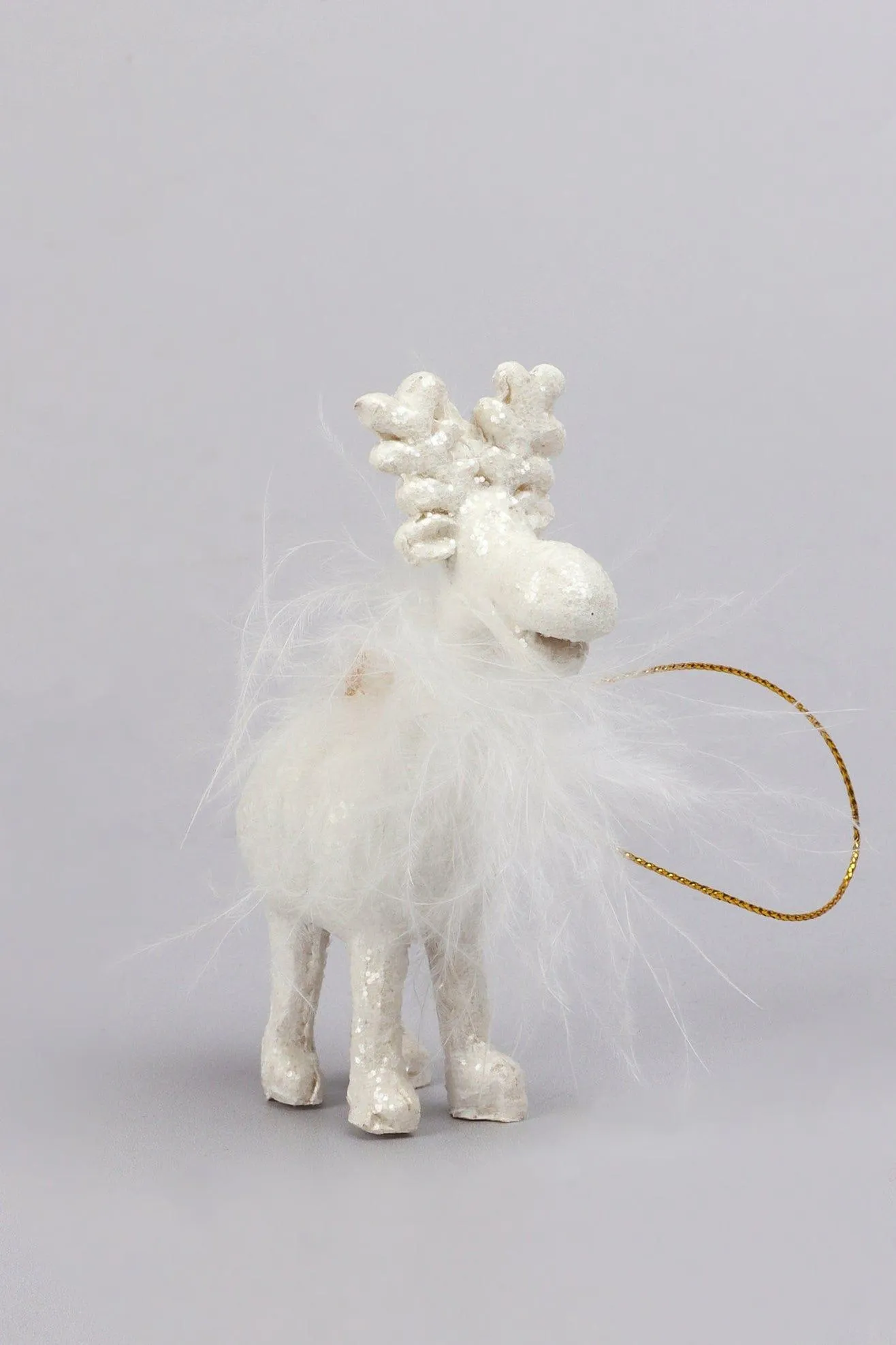 Glittery and Fluffy White Cartoon Reindeer Ornaments