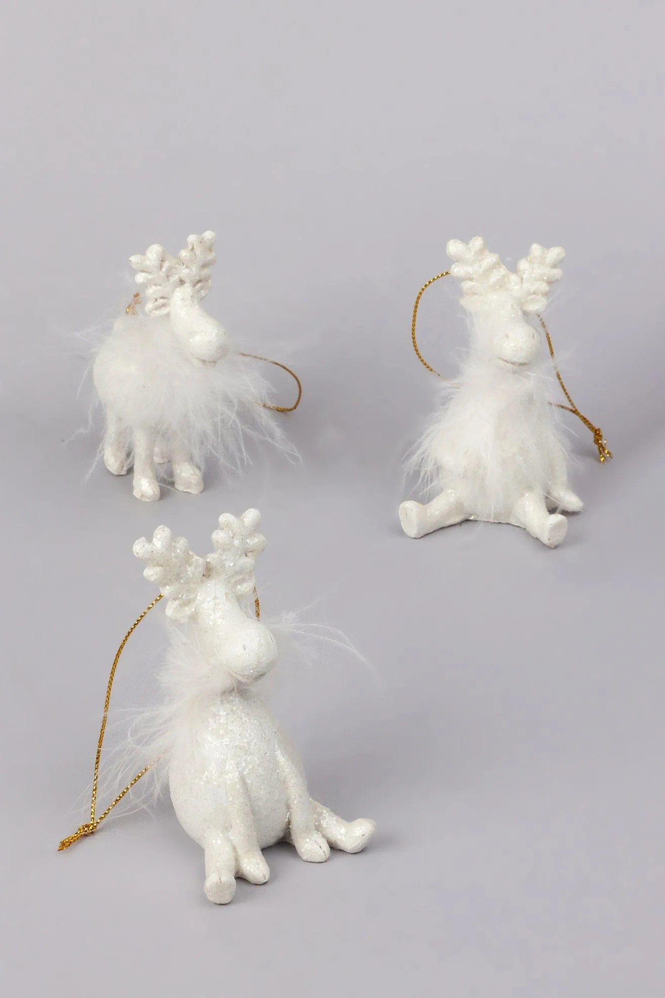 Glittery and Fluffy White Cartoon Reindeer Ornaments