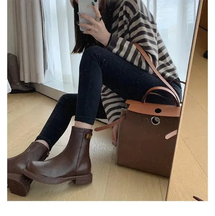 Martin Boots Women Plus Velvet Thick British Style Round Toe Zipper Thick Bottom Thick Heel