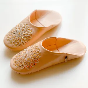 Moroccan Leather Babouche  Slipper with Beads - Almond