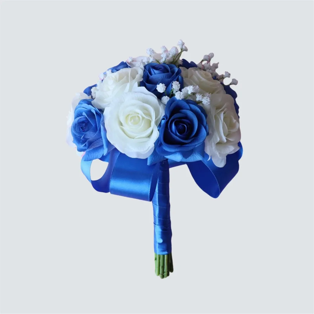 Royal Blue White Rose Bridesmaids Bouquet 8 inch