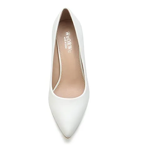 WuORWu Women's Closed Pointed Toe Classic Dress Shoes Silver Heel Pumps (Silver 8)