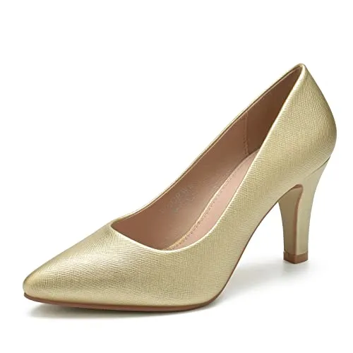 WuORWu Women's Closed Pointed Toe Classic Dress Shoes Silver Heel Pumps (Silver 8)